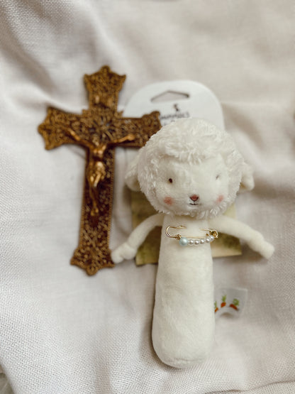 Lamb Rattle Toy with Baptismal Pin