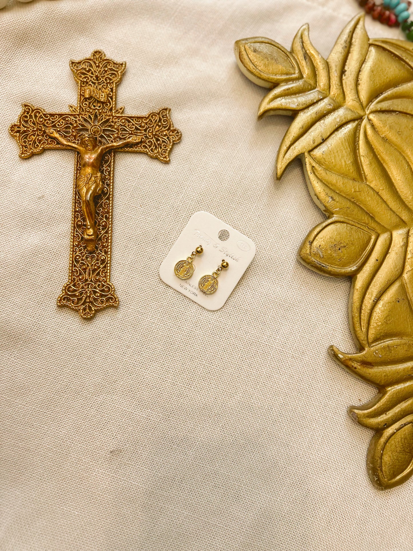 St. Benedict Gold Dangle Earrings image 1