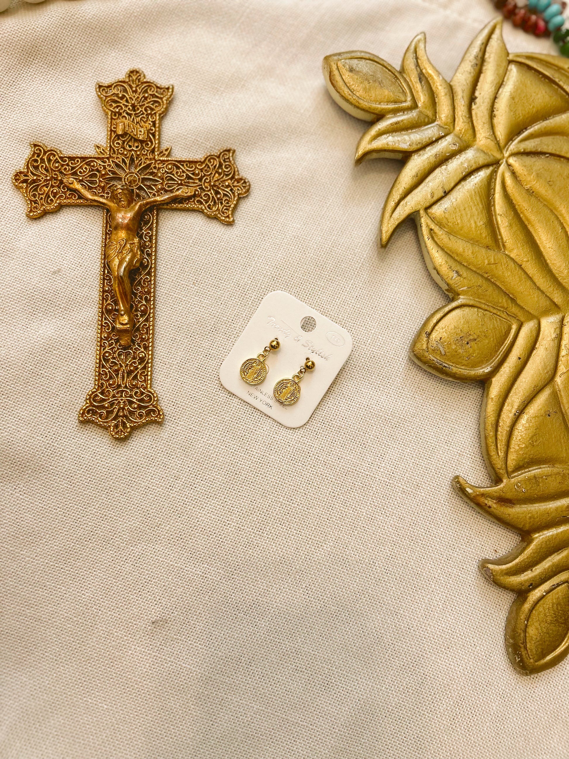 St. Benedict Gold Dangle Earrings image 1
