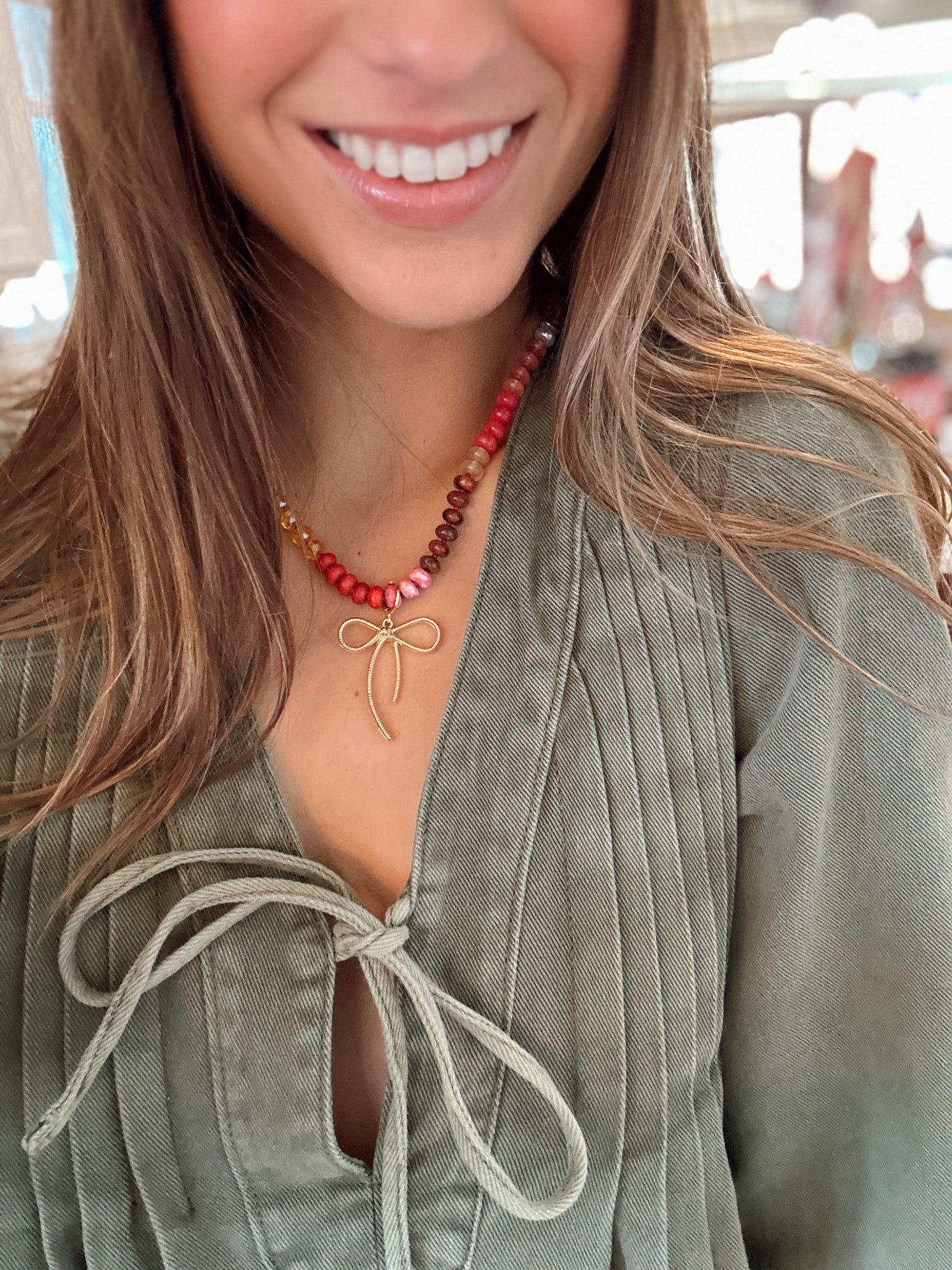 Candy Gemstone Beaded Necklace with Large Bow image 0