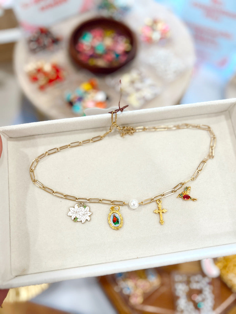 Pearl Paperclip Chain Necklace (4 Charms) image 2