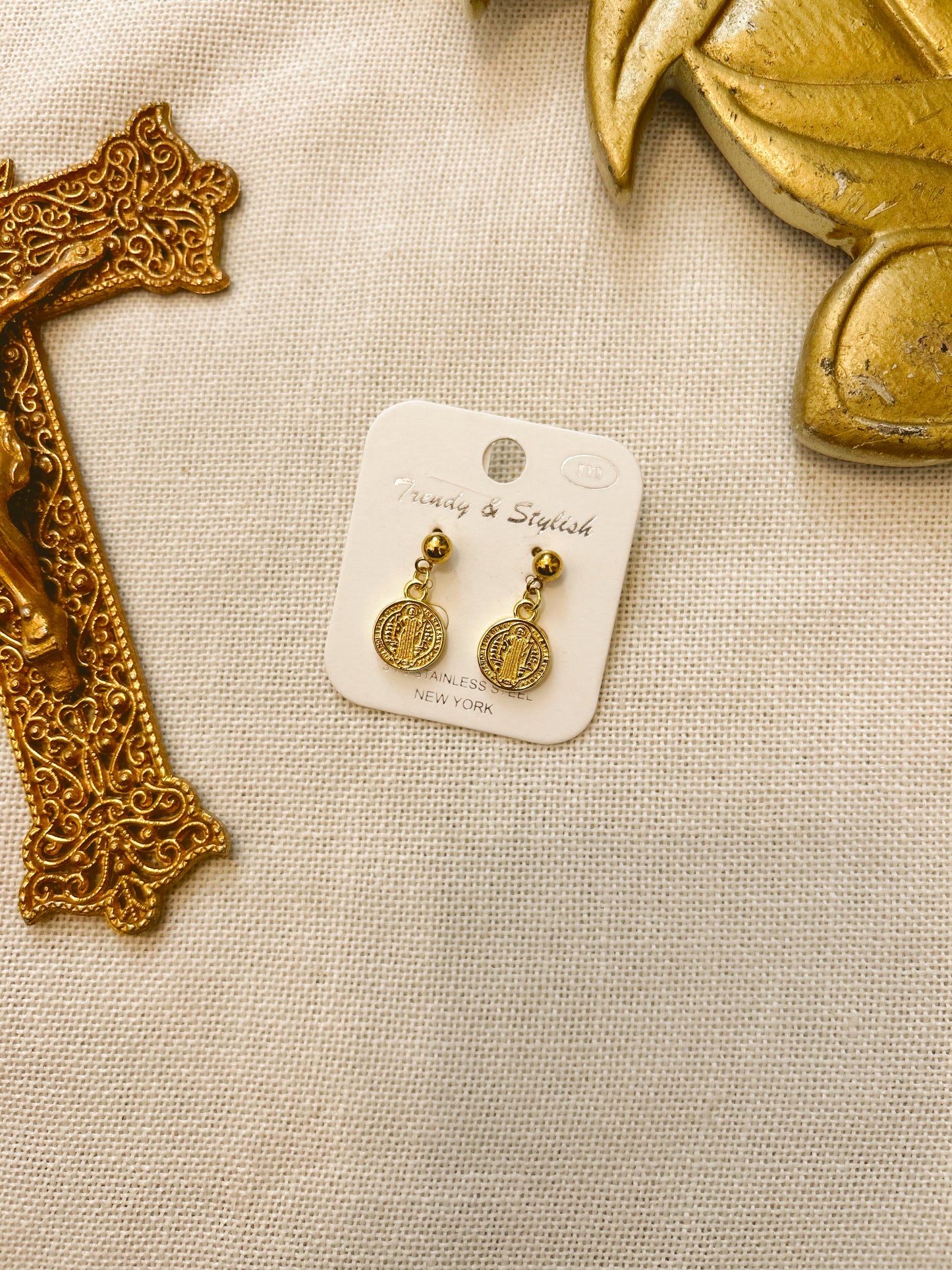 St. Benedict Gold Dangle Earrings image 0