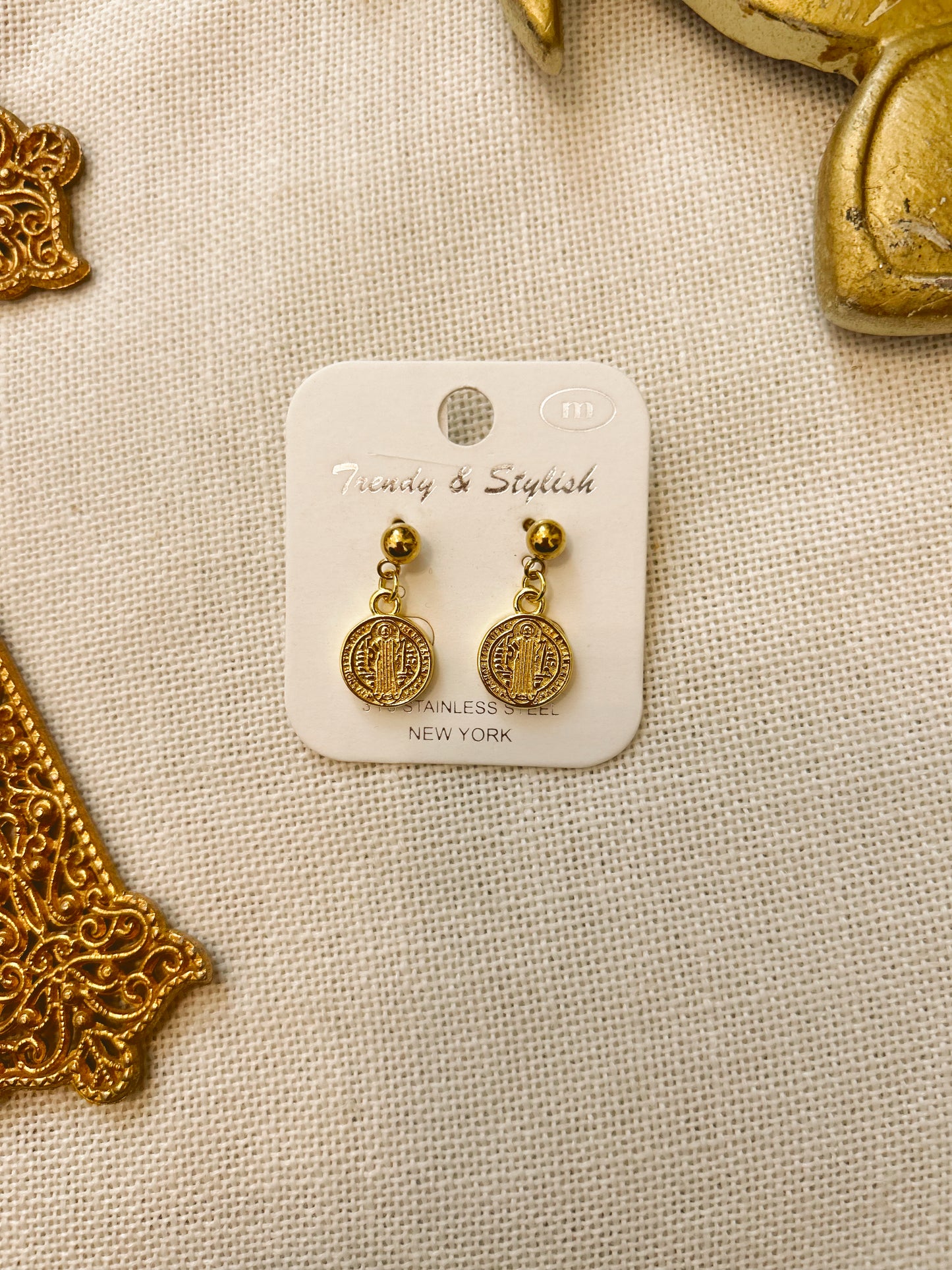 St. Benedict Gold Dangle Earrings image 2