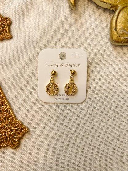 St. Benedict Gold Dangle Earrings image 2